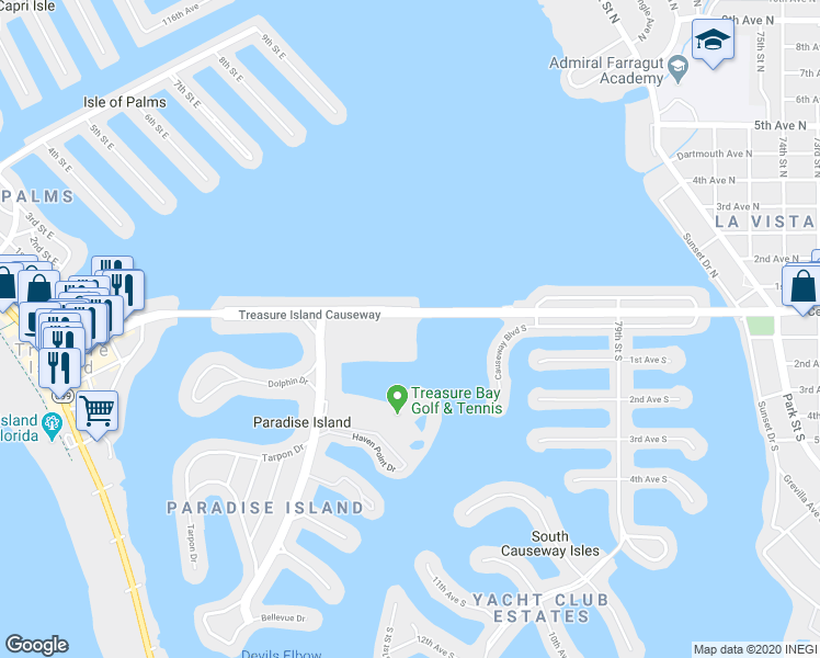 map of restaurants, bars, coffee shops, grocery stores, and more near 500 Treasure Island Causeway in Saint Petersburg