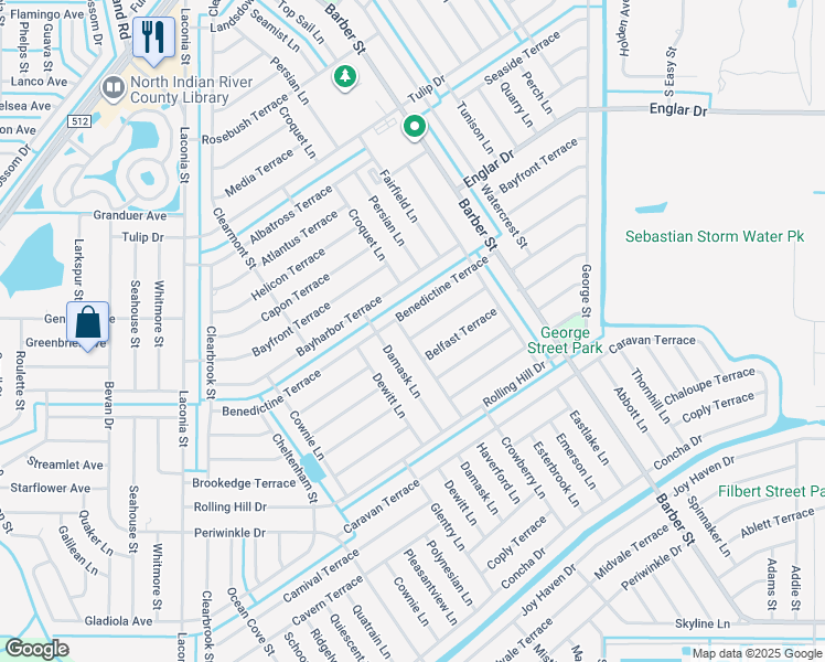 map of restaurants, bars, coffee shops, grocery stores, and more near 1332 Haverford Lane in Sebastian
