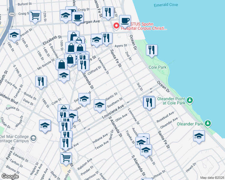 map of restaurants, bars, coffee shops, grocery stores, and more near 428 Atlantic Street in Corpus Christi