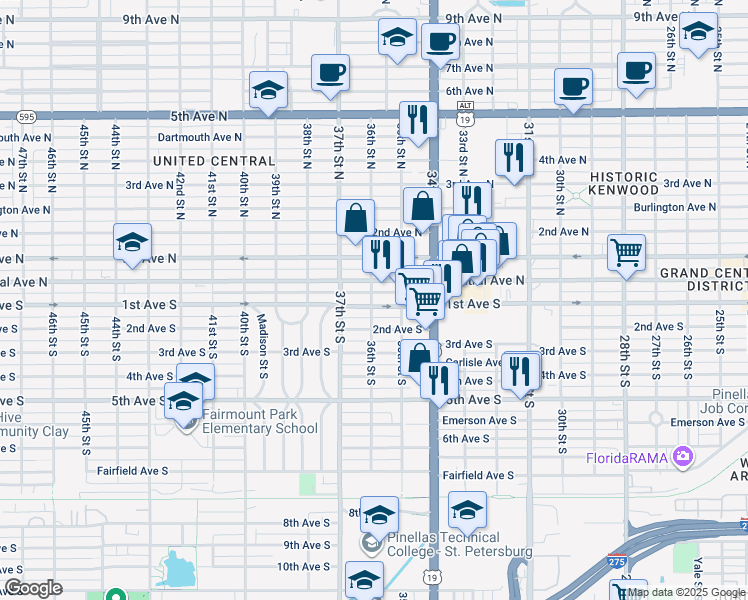 map of restaurants, bars, coffee shops, grocery stores, and more near 3526 1st Avenue South in St. Petersburg