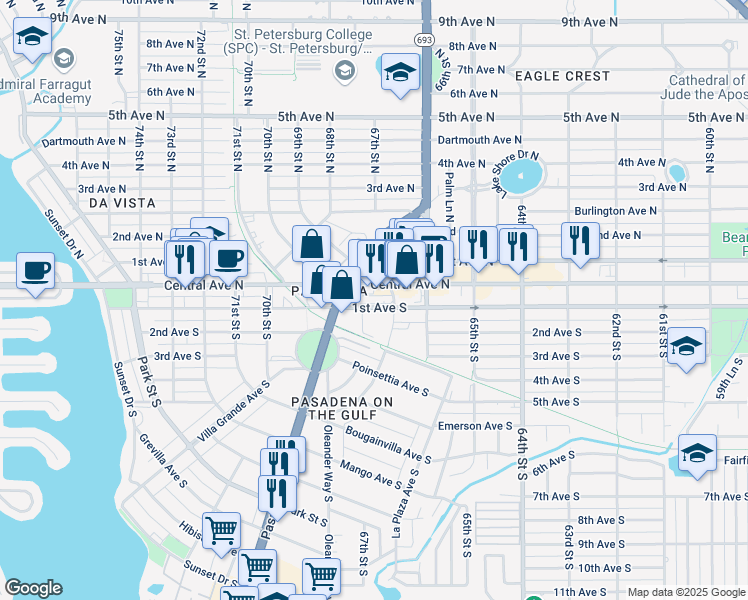map of restaurants, bars, coffee shops, grocery stores, and more near 923 Central Avenue in St. Petersburg