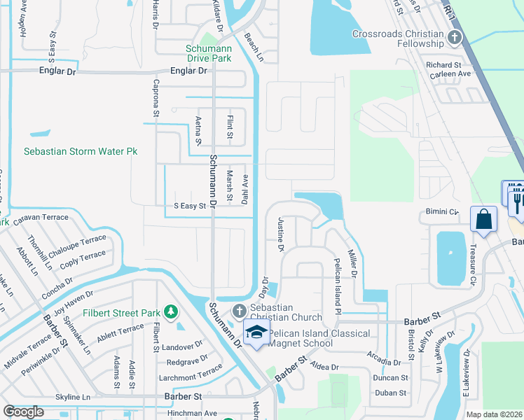 map of restaurants, bars, coffee shops, grocery stores, and more near 118 Dahl Avenue in Sebastian