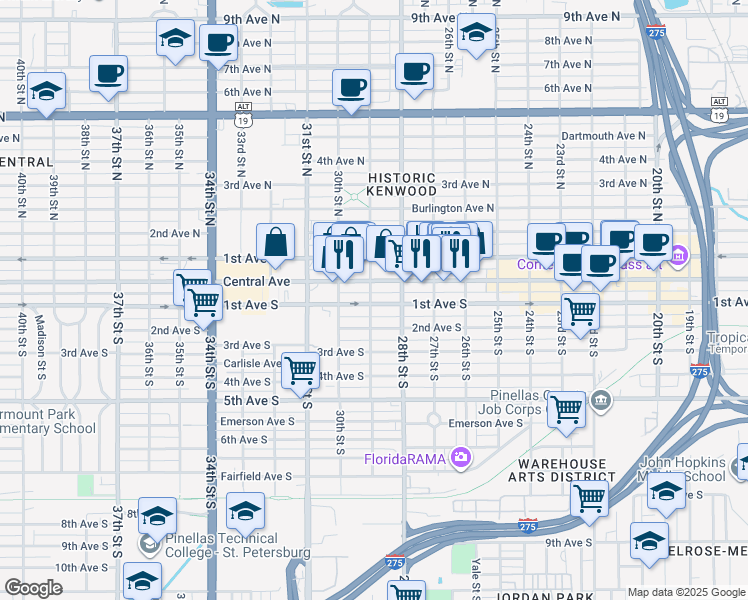 map of restaurants, bars, coffee shops, grocery stores, and more near in St. Petersburg