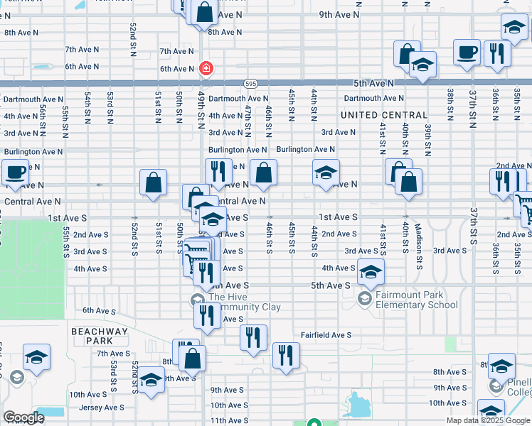 map of restaurants, bars, coffee shops, grocery stores, and more near 4699 Central Avenue North in St. Petersburg