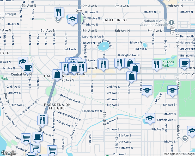 map of restaurants, bars, coffee shops, grocery stores, and more near 6409 Central Avenue in Saint Petersburg