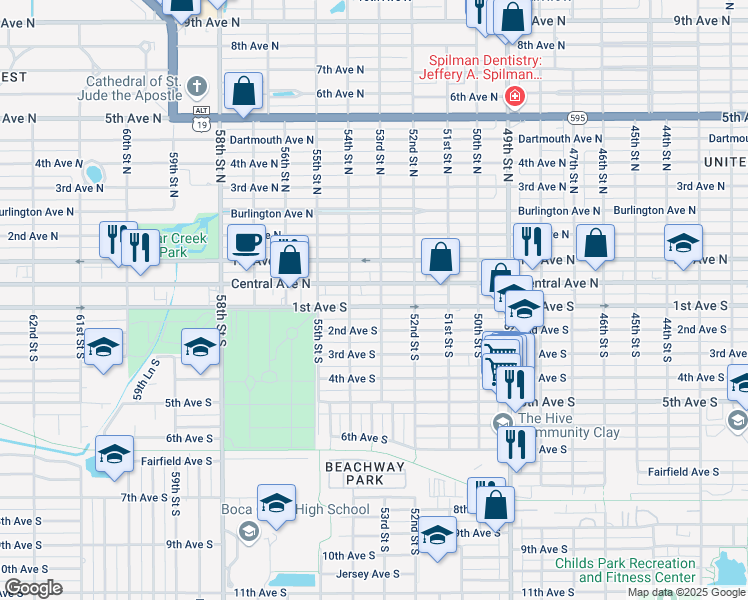 map of restaurants, bars, coffee shops, grocery stores, and more near 5300 Central Avenue in St. Petersburg