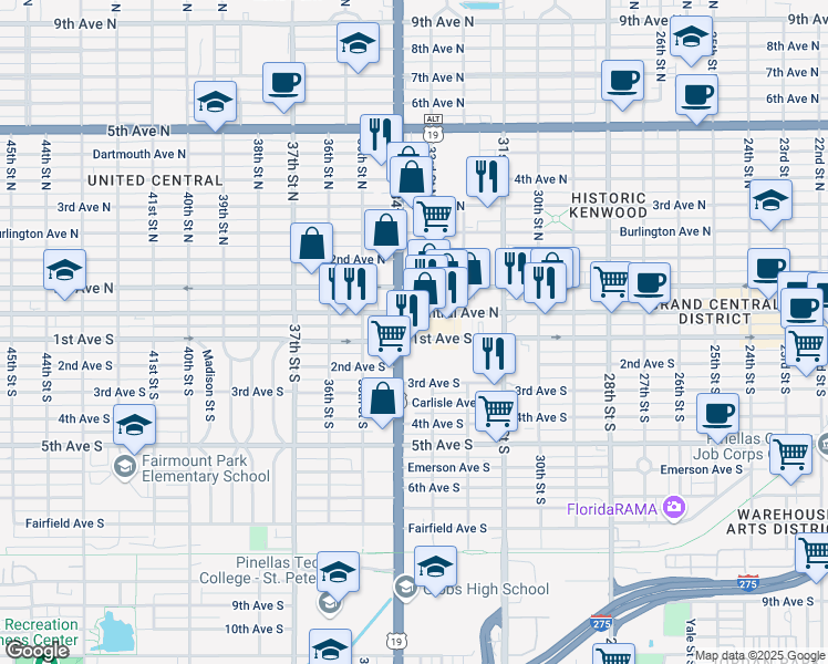 map of restaurants, bars, coffee shops, grocery stores, and more near 3350 Central Avenue in St. Petersburg