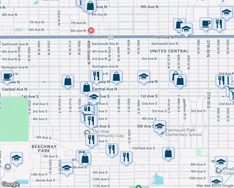 map of restaurants, bars, coffee shops, grocery stores, and more near 4601 1st Avenue South in St. Petersburg