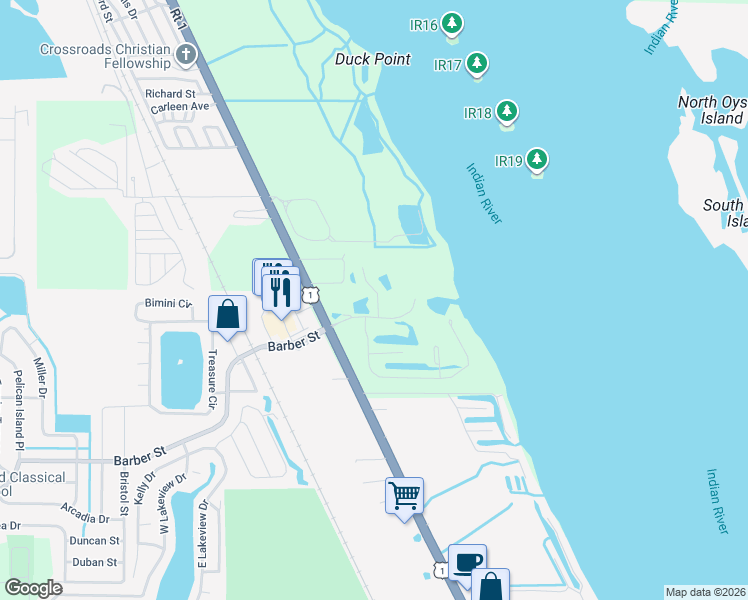 map of restaurants, bars, coffee shops, grocery stores, and more near 5760 Marina Drive in Sebastian