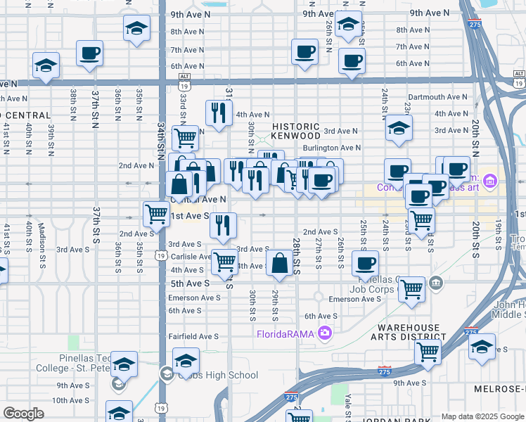 map of restaurants, bars, coffee shops, grocery stores, and more near 3005 Central Avenue in St. Petersburg