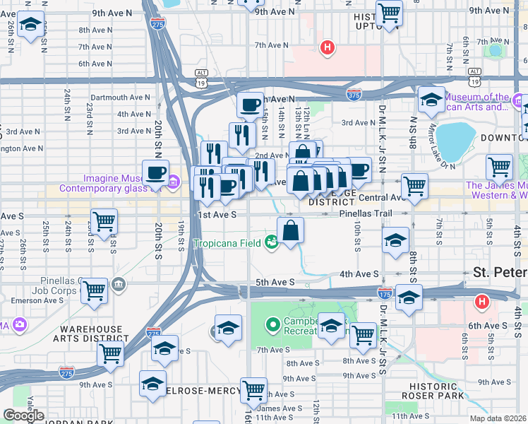 map of restaurants, bars, coffee shops, grocery stores, and more near 1560 Central Avenue in St. Petersburg