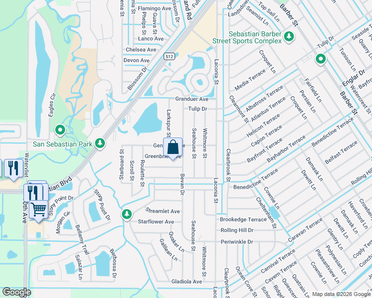 map of restaurants, bars, coffee shops, grocery stores, and more near 1279 Bevan Drive in Sebastian