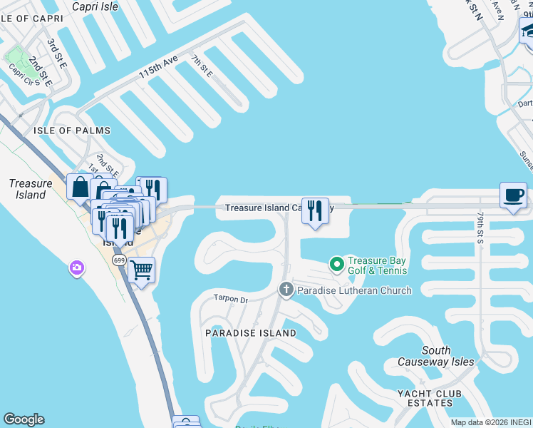 map of restaurants, bars, coffee shops, grocery stores, and more near 15 Paradise Lane in Treasure Island