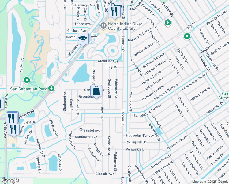 map of restaurants, bars, coffee shops, grocery stores, and more near 831 Genesee Avenue in Sebastian