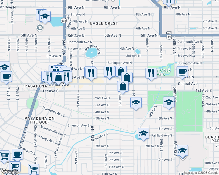 map of restaurants, bars, coffee shops, grocery stores, and more near 6280 Central Avenue in St. Petersburg