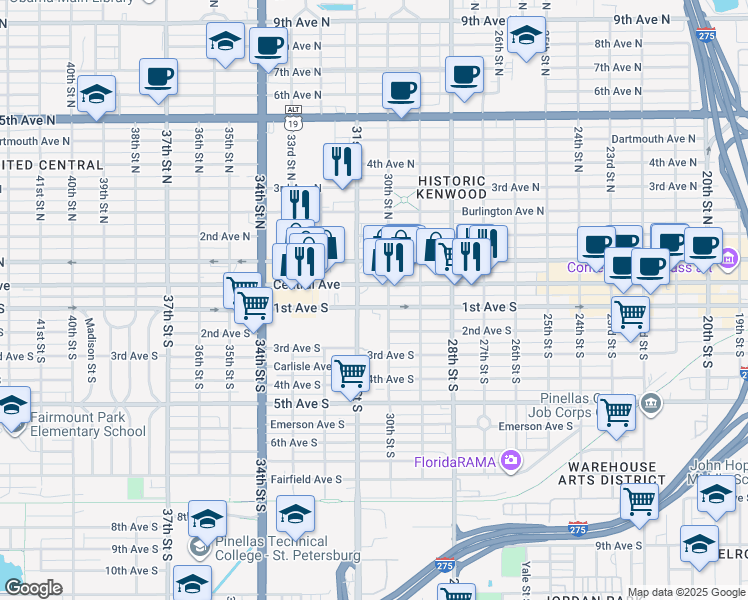 map of restaurants, bars, coffee shops, grocery stores, and more near 3005 Central Avenue in St. Petersburg