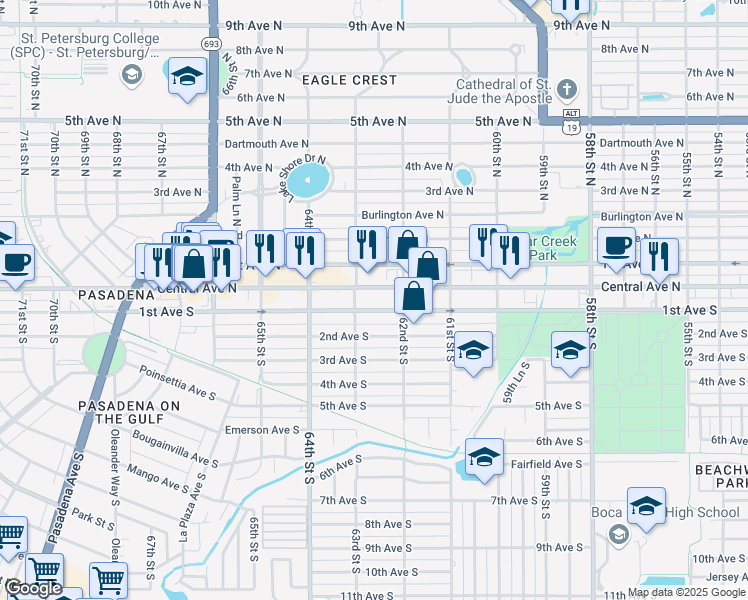map of restaurants, bars, coffee shops, grocery stores, and more near 6280 Central Avenue in St. Petersburg