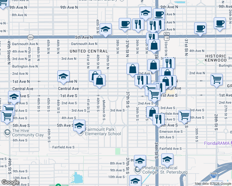map of restaurants, bars, coffee shops, grocery stores, and more near 3773 Central Avenue in St. Petersburg