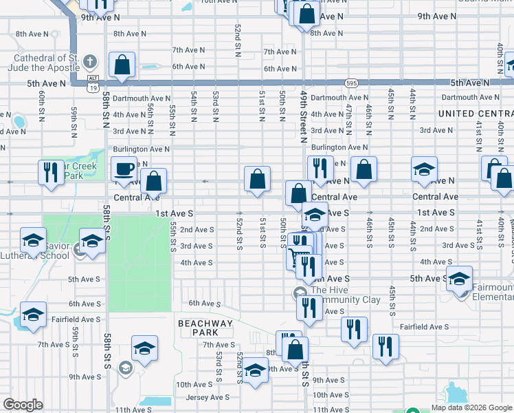 map of restaurants, bars, coffee shops, grocery stores, and more near 5050 Central Avenue in St. Petersburg