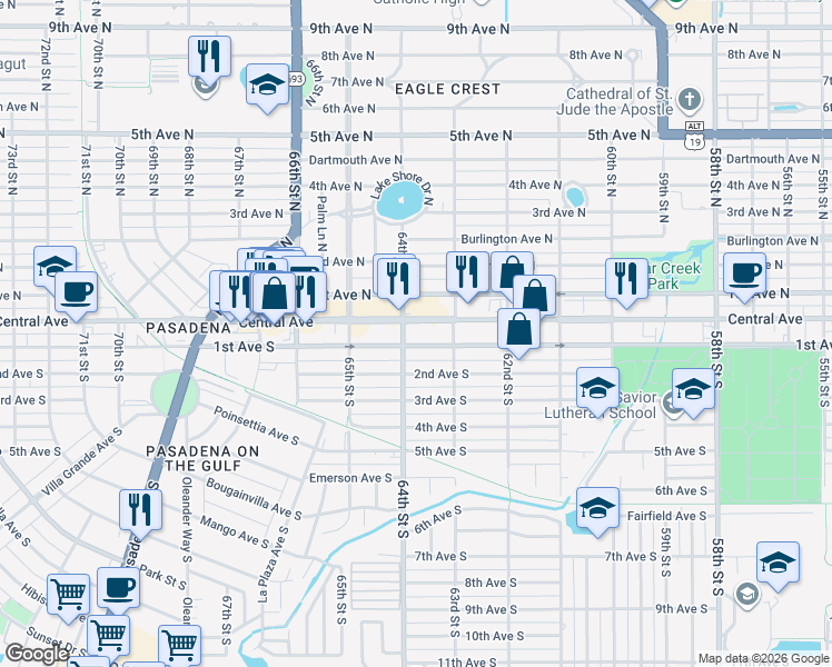 map of restaurants, bars, coffee shops, grocery stores, and more near 6315 Central Avenue in St. Petersburg