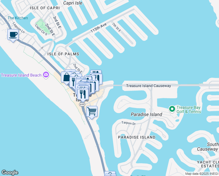 map of restaurants, bars, coffee shops, grocery stores, and more near 286 107th Avenue in Treasure Island