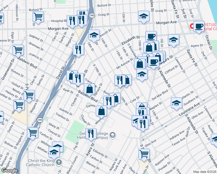map of restaurants, bars, coffee shops, grocery stores, and more near 2505 Fig Street in Corpus Christi