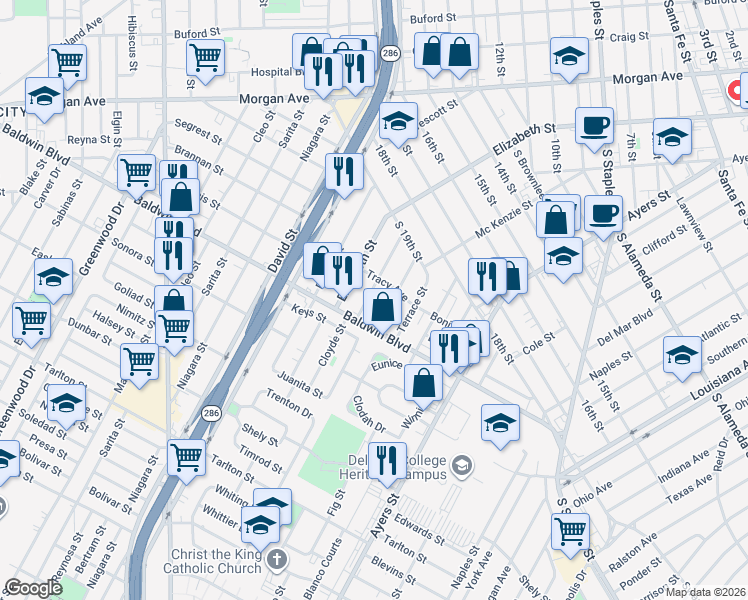 map of restaurants, bars, coffee shops, grocery stores, and more near 2609 Cloyde Street in Corpus Christi