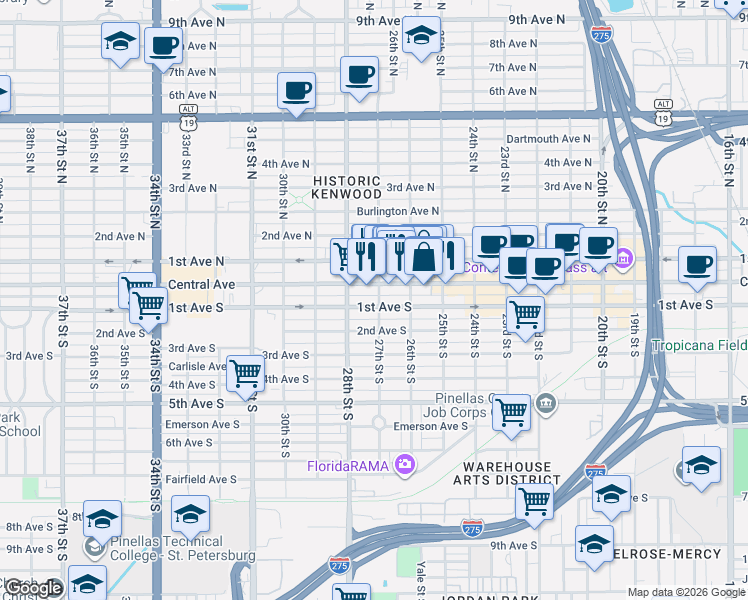 map of restaurants, bars, coffee shops, grocery stores, and more near in St. Petersburg