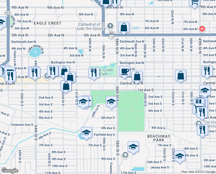 map of restaurants, bars, coffee shops, grocery stores, and more near 5801 Central Avenue in St. Petersburg