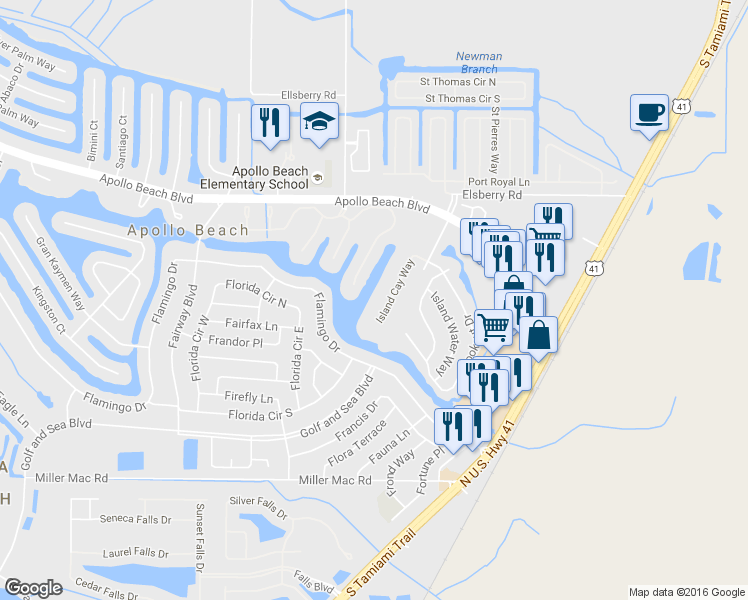 map of restaurants, bars, coffee shops, grocery stores, and more near 424 Island Cay Way in Apollo Beach