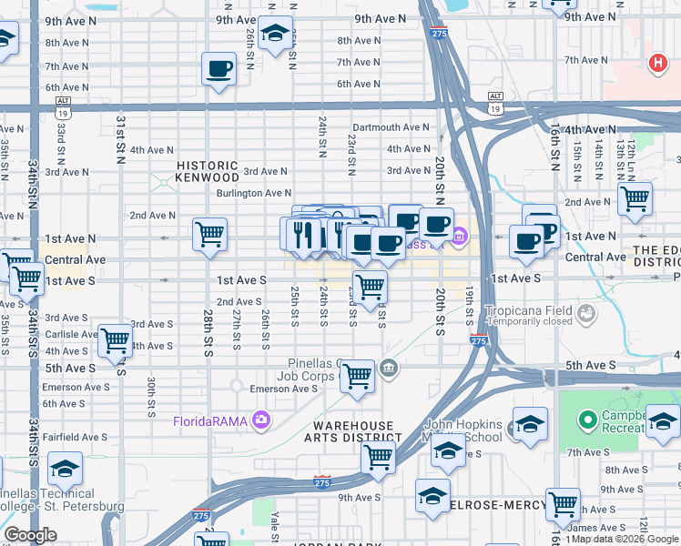 map of restaurants, bars, coffee shops, grocery stores, and more near 2329 Central Avenue in St. Petersburg
