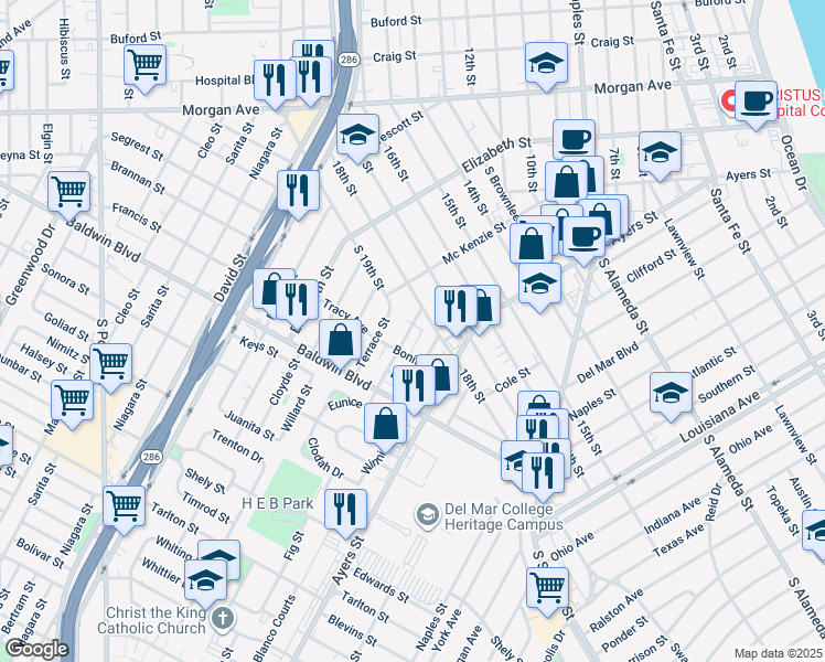 map of restaurants, bars, coffee shops, grocery stores, and more near 2505 Fig Street in Corpus Christi