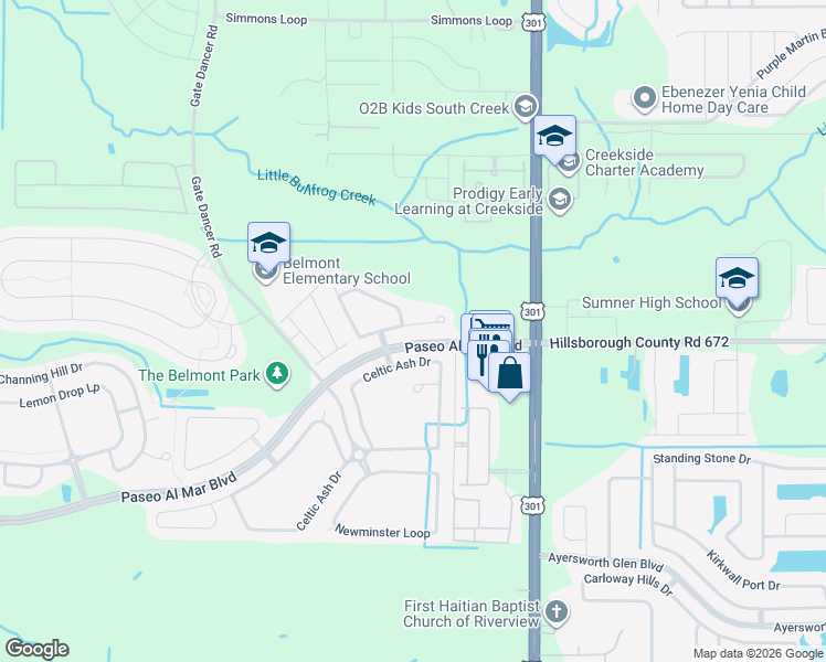map of restaurants, bars, coffee shops, grocery stores, and more near 10218 Count Fleet Drive in Ruskin