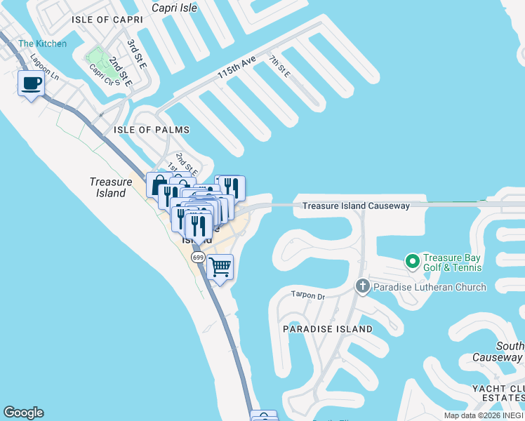 map of restaurants, bars, coffee shops, grocery stores, and more near 282 Treasure Island Causeway in Treasure Island