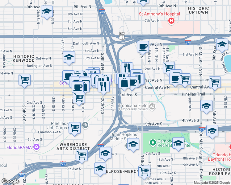 map of restaurants, bars, coffee shops, grocery stores, and more near 1900 Central Avenue in St. Petersburg