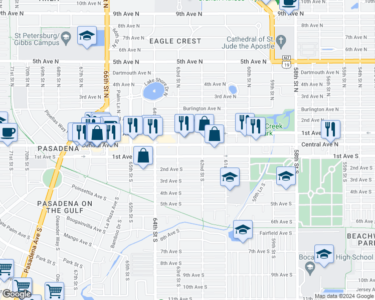 map of restaurants, bars, coffee shops, grocery stores, and more near 6280 Central Avenue in St. Petersburg