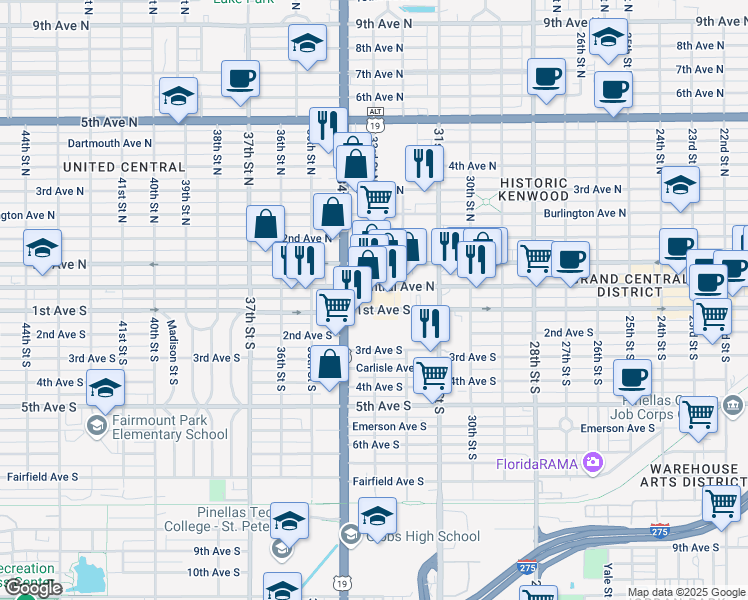 map of restaurants, bars, coffee shops, grocery stores, and more near 3350 Central Avenue in Saint Petersburg