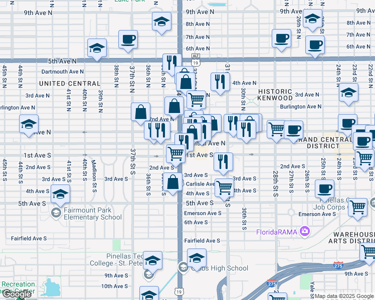 map of restaurants, bars, coffee shops, grocery stores, and more near 3350 Central Avenue in Saint Petersburg