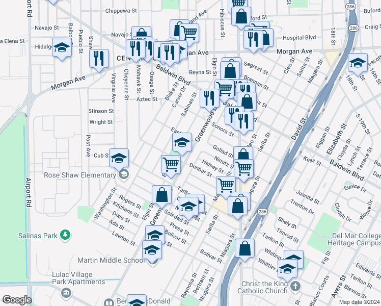 map of restaurants, bars, coffee shops, grocery stores, and more near 2933 Greenwood Drive in Corpus Christi