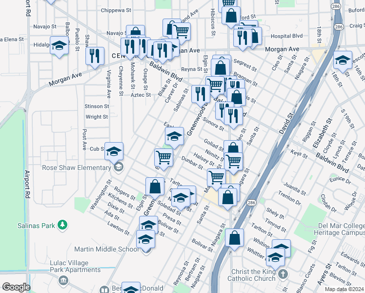 map of restaurants, bars, coffee shops, grocery stores, and more near Greenwood Drive in Corpus Christi