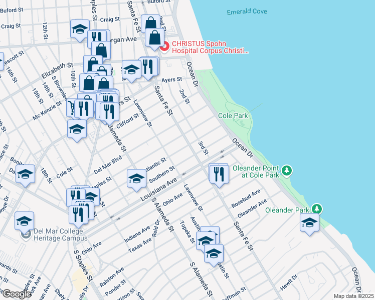 map of restaurants, bars, coffee shops, grocery stores, and more near 213 Atlantic Street in Corpus Christi
