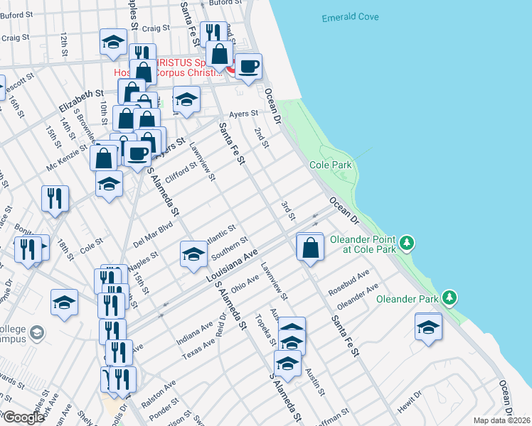 map of restaurants, bars, coffee shops, grocery stores, and more near 213 Atlantic Street in Corpus Christi