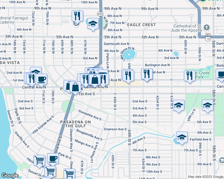 map of restaurants, bars, coffee shops, grocery stores, and more near 6501 Central Avenue in St. Petersburg