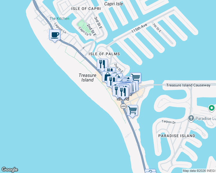 map of restaurants, bars, coffee shops, grocery stores, and more near 11000 Gulf Boulevard in Treasure Island
