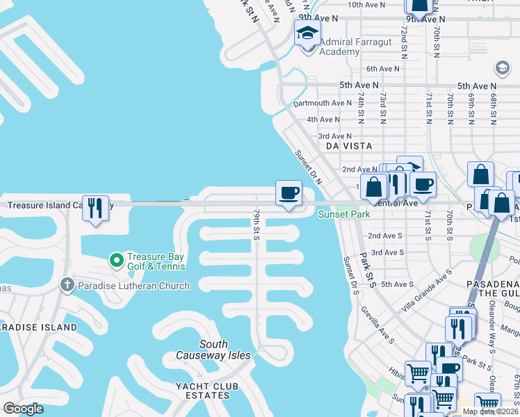 map of restaurants, bars, coffee shops, grocery stores, and more near 2 79th Street South in St. Petersburg