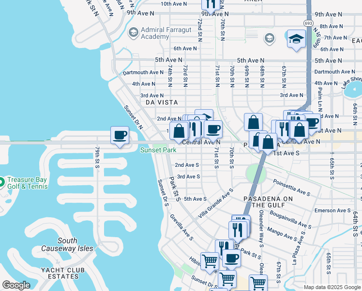 map of restaurants, bars, coffee shops, grocery stores, and more near 7321 Central Avenue in St. Petersburg