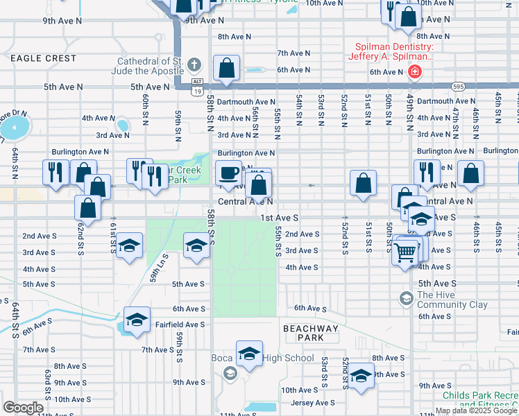 map of restaurants, bars, coffee shops, grocery stores, and more near 5562 Central Avenue in Saint Petersburg