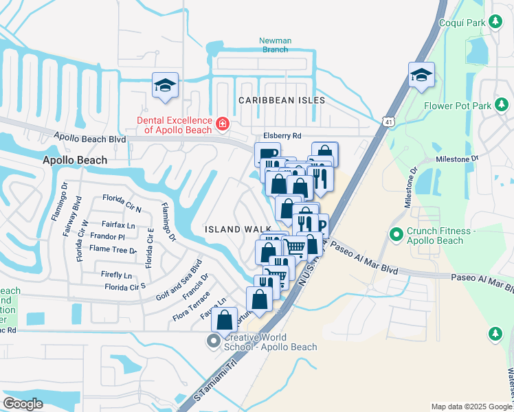 map of restaurants, bars, coffee shops, grocery stores, and more near 123 Lookout Drive in Apollo Beach