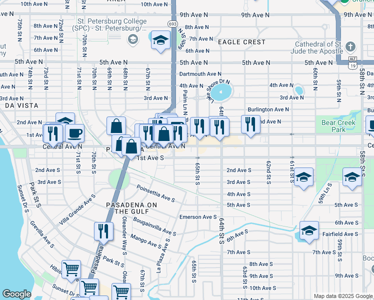map of restaurants, bars, coffee shops, grocery stores, and more near 6575 Central Avenue in St. Petersburg