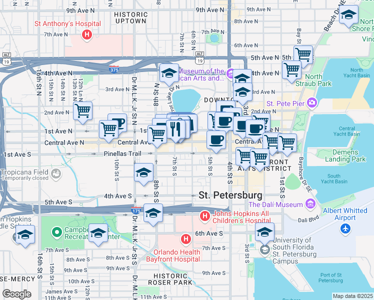 map of restaurants, bars, coffee shops, grocery stores, and more near 648 Central Avenue in St. Petersburg
